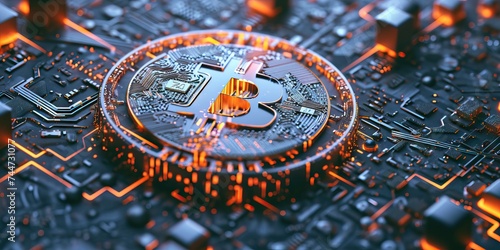 Digital bitcoin on circuit board landscape