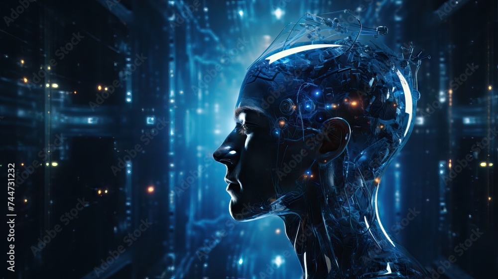 Digital illustration of an ai humanoid with a transparent head showcasing circuitry and data streams Digital illustration of an ai humanoid with a transparent head showcasing circuitry and data streams