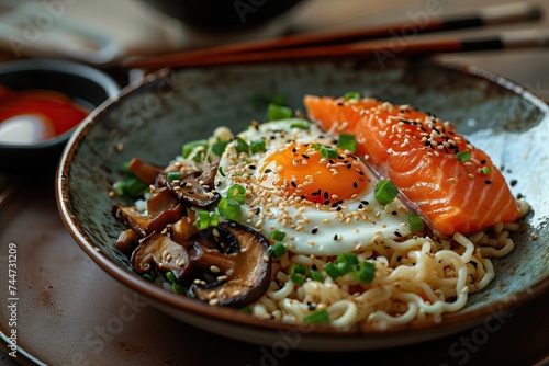Asian noodles with salmon and egg close-up
