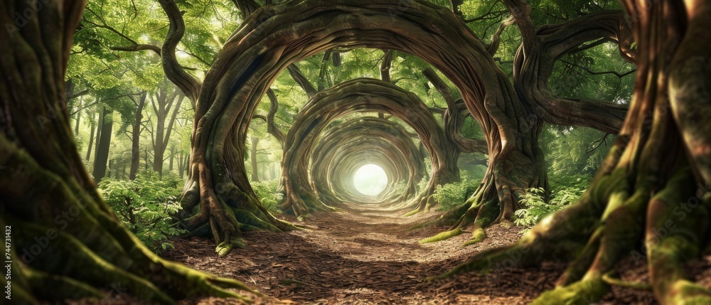 Transportation portal in a forest visual swirl opening among ancient trees Transportation portal in a forest visual swirl opening among ancient trees