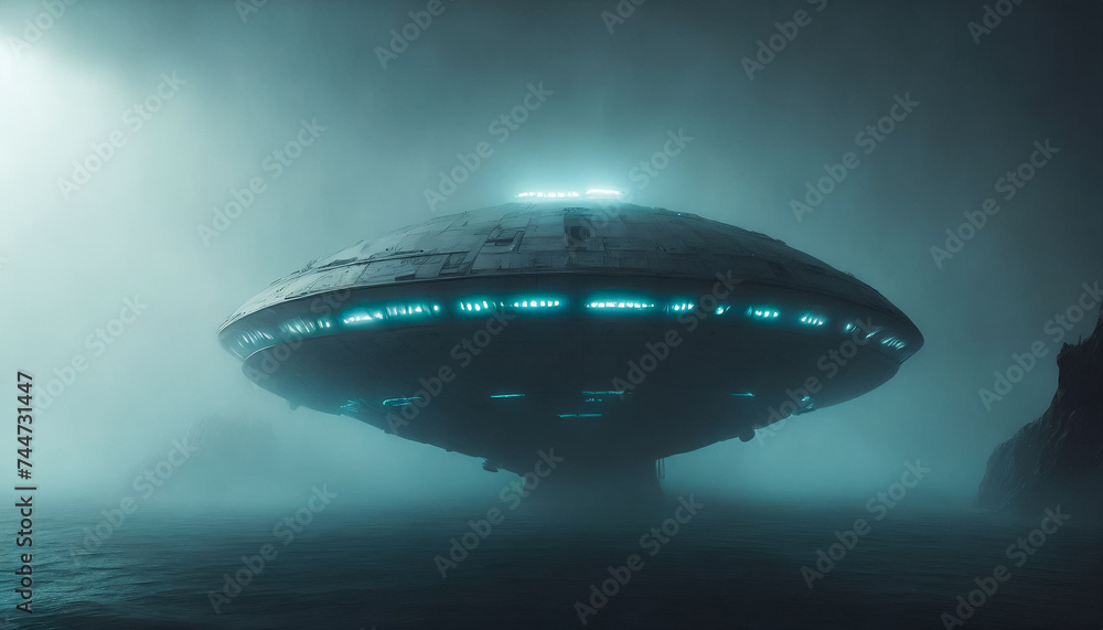 Moody painting of big UFO outer space transportation landing in foggy misty ocean landscape. Blue lights lighting up in spooky scenic location. Moody painting of big UFO outer space transportation landing in foggy misty ocean landscape. Blue lights lighting up in spooky scenic location.