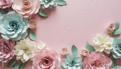 beautiful pastel paper flowers in the form of a frame on a pink background