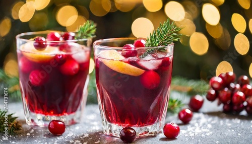 homemade two glasses of boozy refreshing christmas cranberry punch with champagne on blurred lights background illustration
