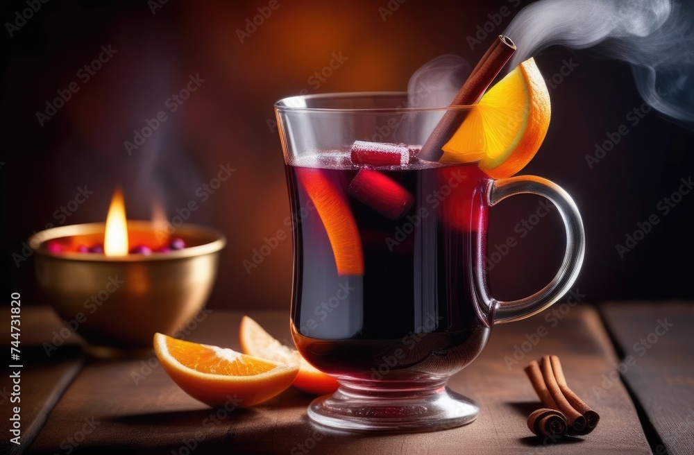 Christmas traditional drink, winter drink with orange, cinnamon and spices, hot alcoholic mulled wine, glass of non-alcoholic mulled wine, dark background