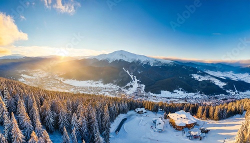 aerial winter view of bansko ski resort in bulgaria at sunrise