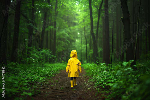 Child in Yellow Raincoat Exploring Misty Green Forest, Adventure in Nature © Svetlana
