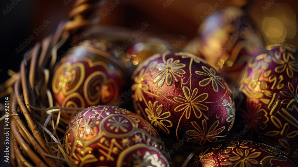 A close-up of intricately decorated Easter eggs in a basket. A close-up of intricately decorated Easter eggs in a basket.