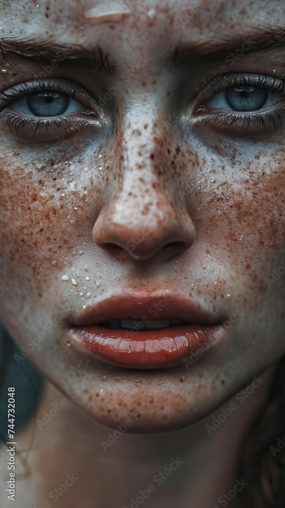 Close-up portrait of a freckled woman with mesmerizing eyes Close-up portrait of a freckled woman with mesmerizing eyes