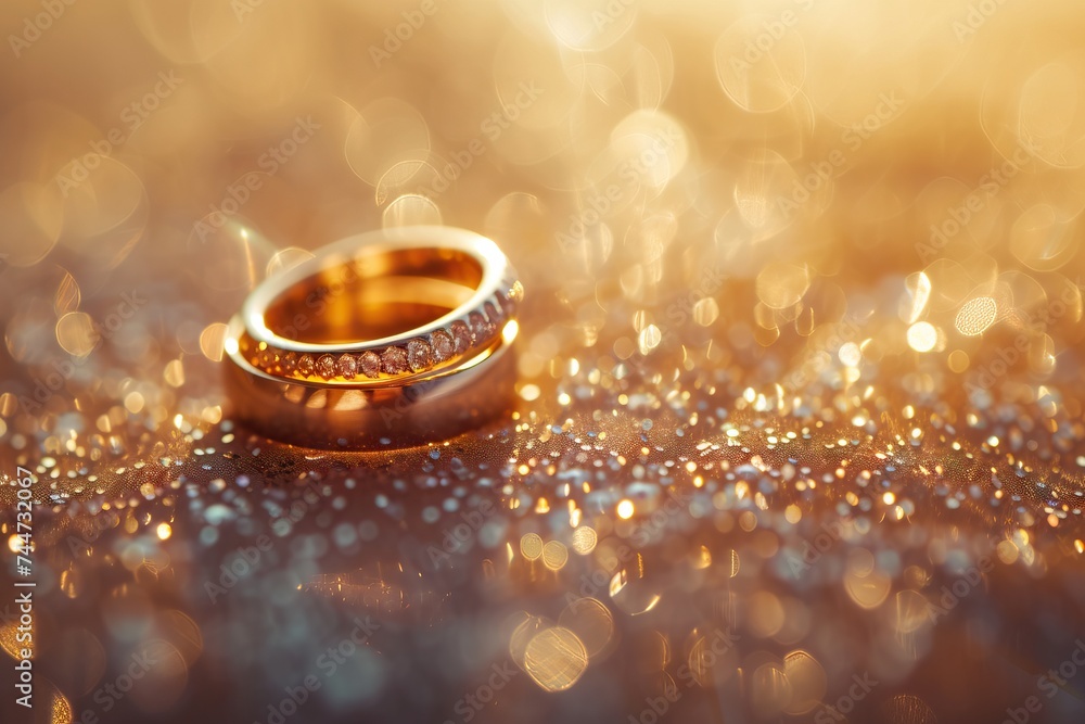 Golden wedding rings on a sparkling surface Golden wedding rings on a sparkling surface