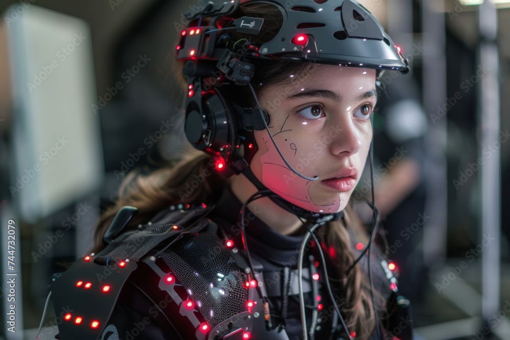 Girl in a motion capture suit for a video game development session, innovative and focused Girl in a motion capture suit for a video game development session, innovative and focused