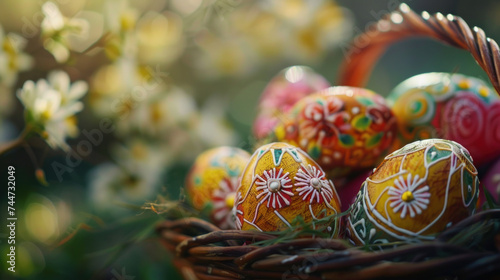 A close-up of intricately decorated Easter eggs in a basket.