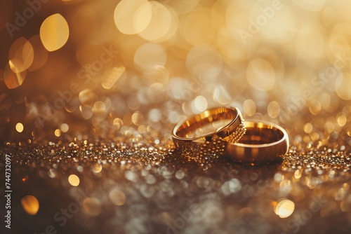 Golden wedding rings on sparkling background