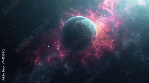 Ethereal cosmic nebula with distant planet