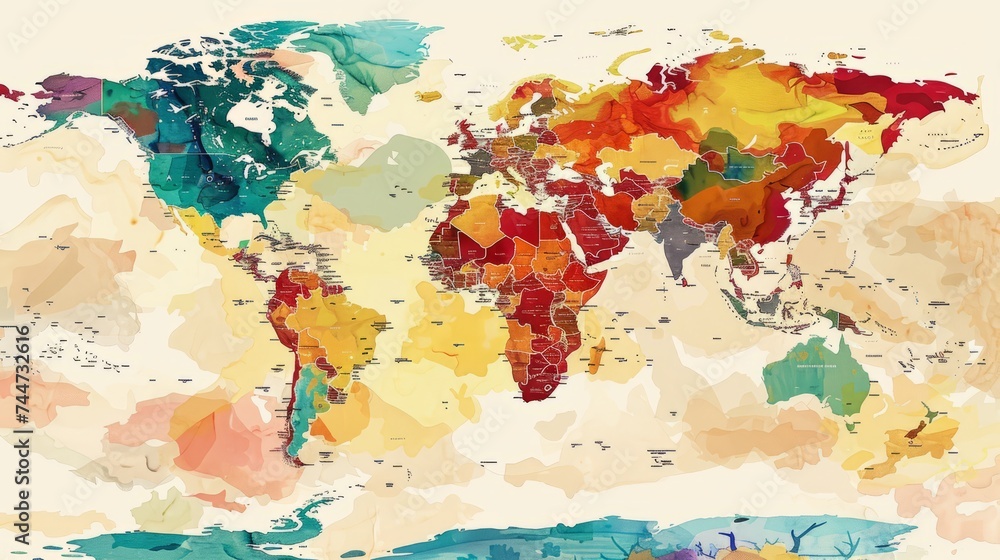 Vibrant vector world map: explore the diversity of continents in this colorful political map – perfect for educational materials, presentations, and global-themed designs 