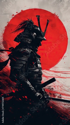 Silhouette of samurai warrior against red sun