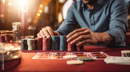 Player bets at poker game with colorful chips