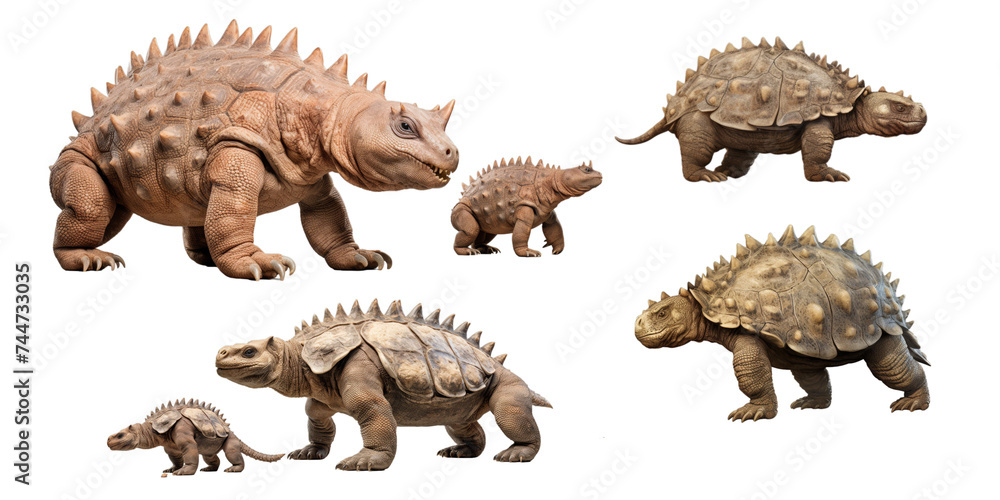 Fototapeta premium Collection of ankylosaurus isolated on a white background as transparent PNG