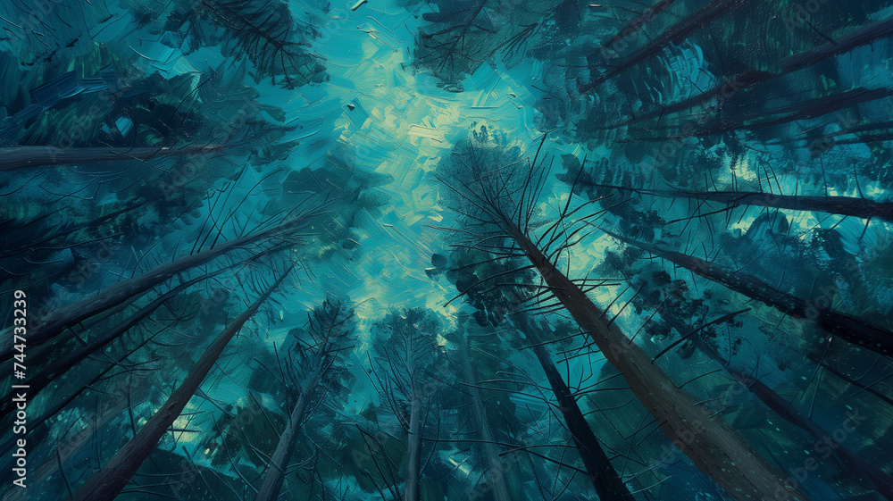A dense pine forest from below, the needle-covered branches forming a vibrant green canopy against the deep blue of a twilight sky - obrazy, fototapety, plakaty 