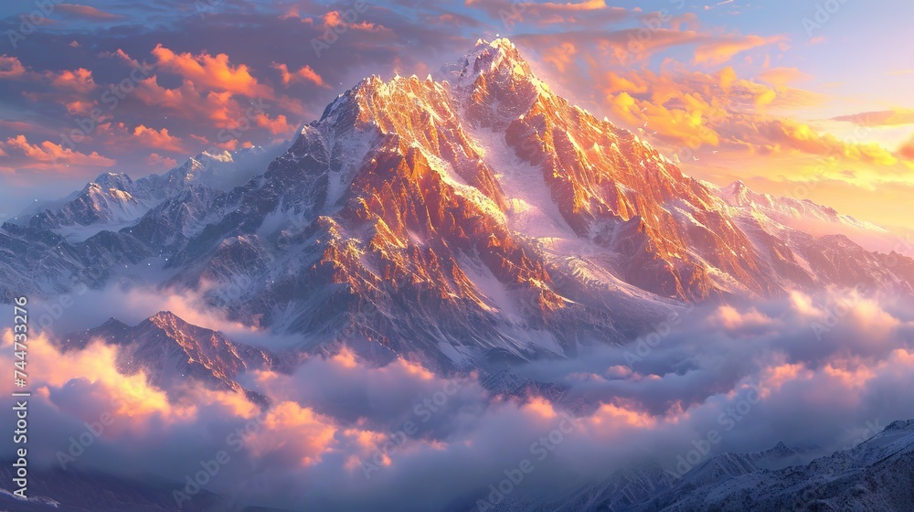 Breathtaking panoramic view of a mountain peak bathed in the warm glow of sunrise Breathtaking panoramic view of a mountain peak bathed in the warm glow of sunrise