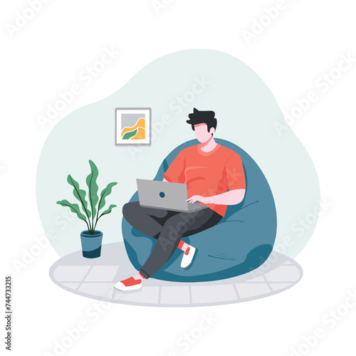 A man is sitting on a bean bag chair using a laptop for work flat illustration, work at home, remote