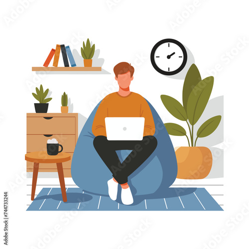 A man is sitting on a bean bag chair with a laptop for work. flat illustration. Flat vector graphic