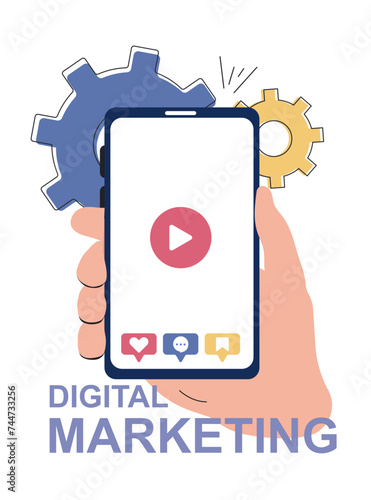 Сharacter hand is holding the phone. haracter analyzes the number of new followers, likes and saves. Vector illustration