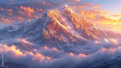 Breathtaking panoramic view of a mountain peak bathed in the warm glow of sunrise