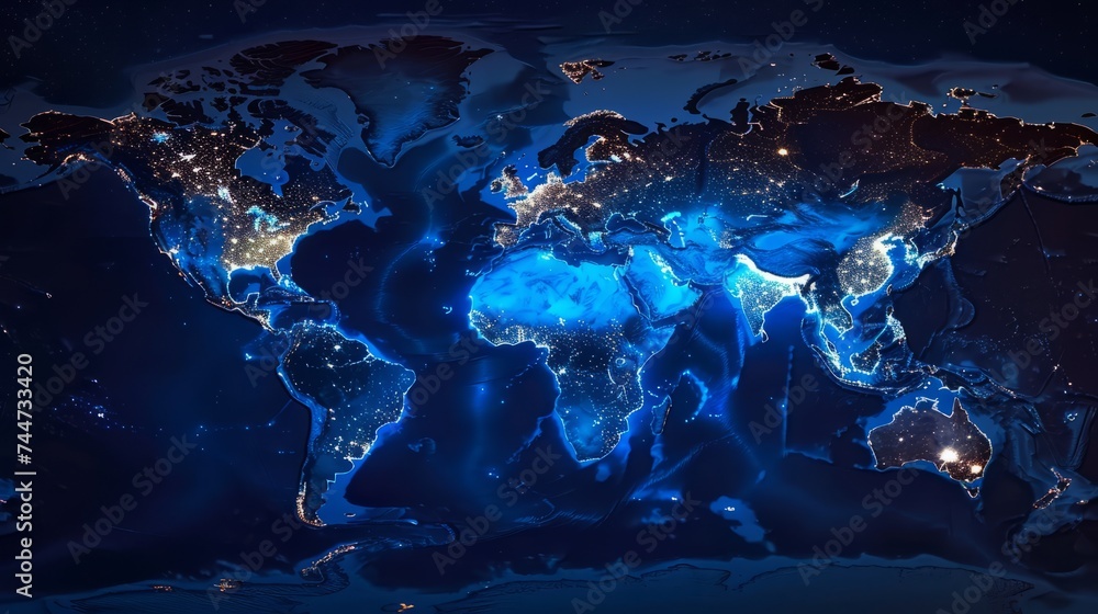  Discover the enchanting blue world map illuminated by the glowing global network: perfect for presentations, websites, and educational materials
