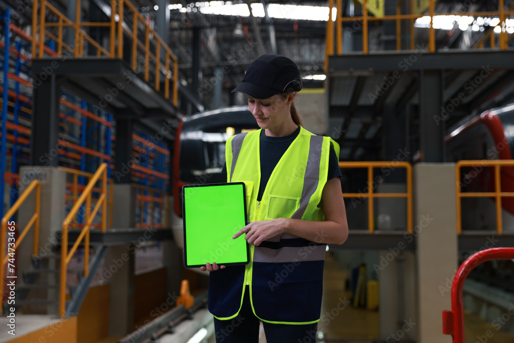 Railway Female engineer with green screen on tablet against locomotive electrical in background Railway Female engineer with green screen on tablet against locomotive electrical in background