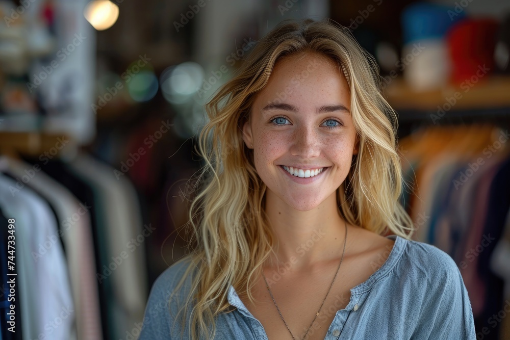 Blonde sales consultant with a smile. Generative Ai.