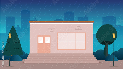 Rainy Room or office. Raining Room or office nature season street lamp landscape, flat vector illustration
