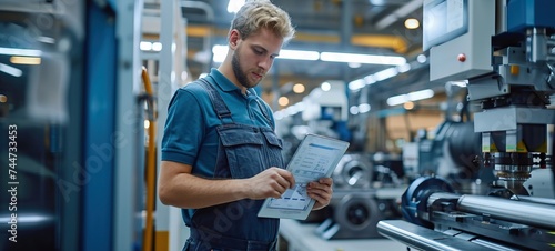 Young technician reviewing documents in factory photo