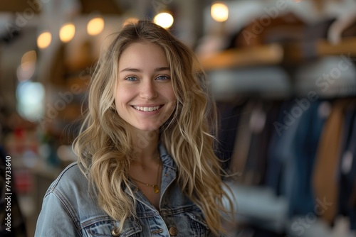 Blonde sales consultant with a smile. Generative Ai. © Planum