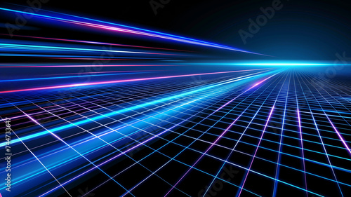 high-speed data transfer with streaks of light moving across a grid.