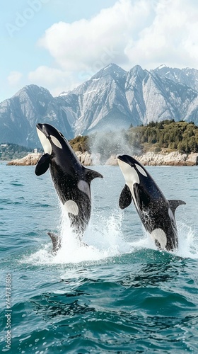 A pair of orcas breaching in synchrony with a mountainous coastline in the background, a display of wild grace and power in their natural habitat
