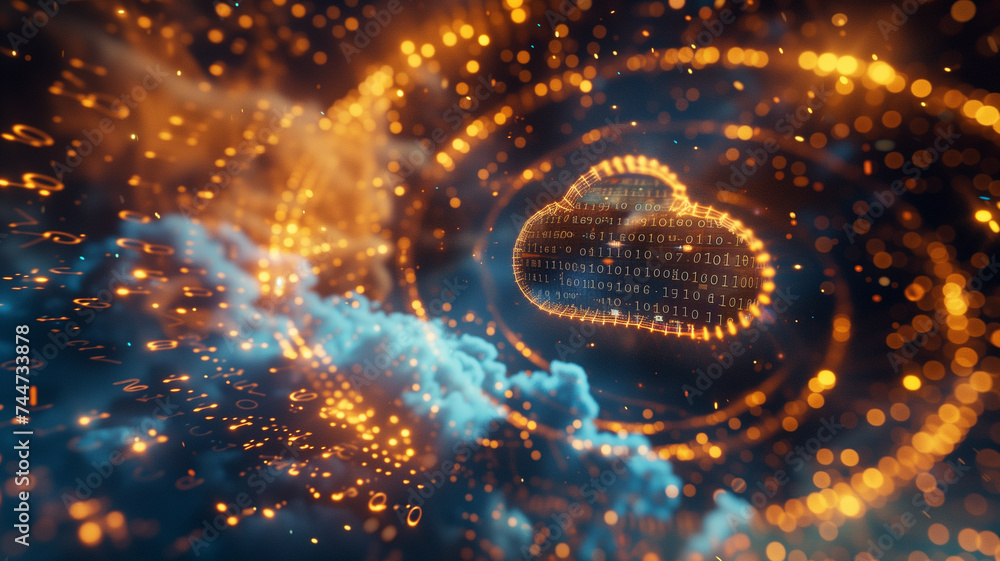 digital web, illuminated by a futuristic hologram of a cloud icon, enveloped in a matrix of blue and golden digits. digital web, illuminated by a futuristic hologram of a cloud icon, enveloped in a matrix of blue and golden digits.