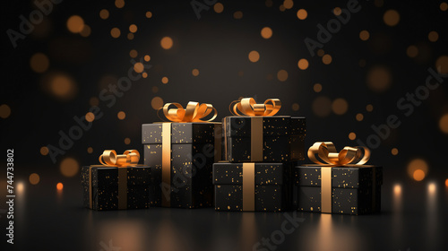 Elegant Gift Boxes with Golden Ribbons Against Sparkling Black Background