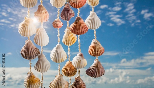 seashells mobile hanging for curtain against blue sky background