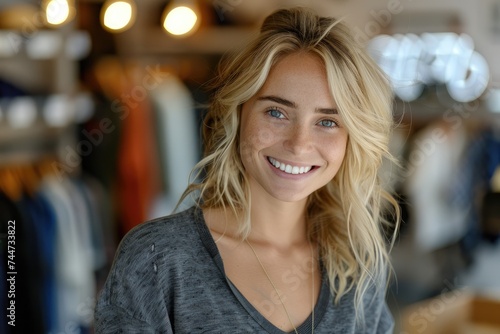 Blonde sales consultant with a smile. Generative Ai. © Planum