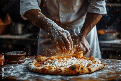 A man cooks pizza that he makes himself. Generative Ai. photo
