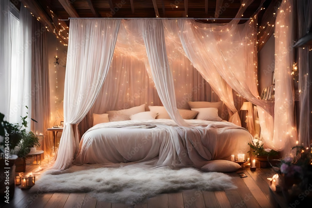A dreamy bedroom with a canopy bed draped in sheer curtains, soft pastel colors, and twinkling fairy lights. The atmosphere exudes romance and serenity - obrazy, fototapety, plakaty 