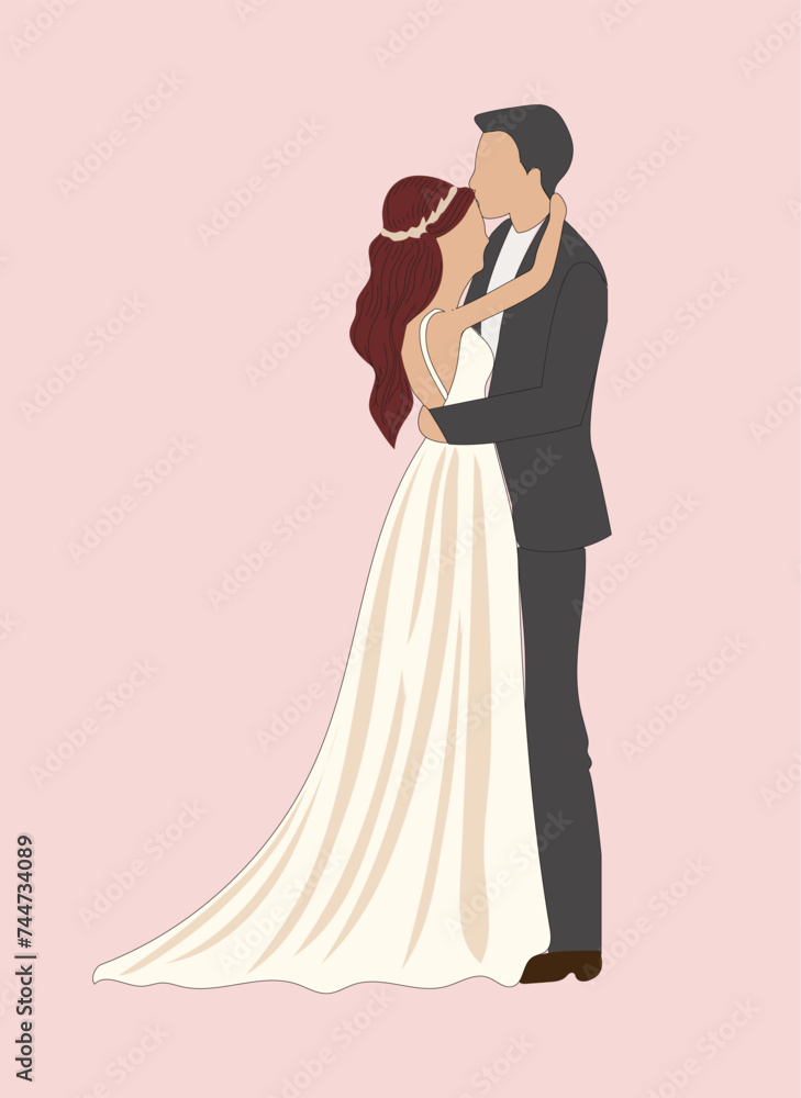 Wedding couple. Bride in wedding dress, just married couple and marriage ceremony vector illustration. Bride and groom Faceless portrait for wedding Invitation cards or save the date.