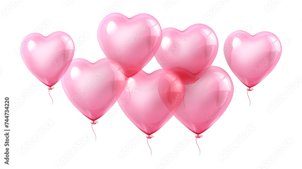Pink heart-shaped balloons elegantly floating, isolated on a transparent background, each balloon reflecting light with a soft glow