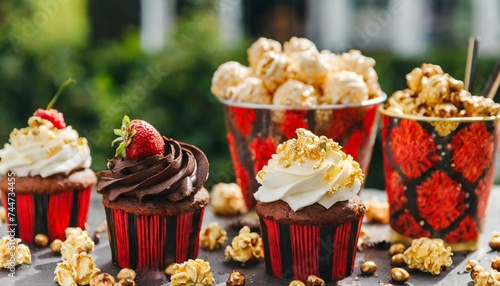 tasty candy bar with popcorn and muffins in red black and gold colors