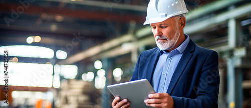 A man in a suit and hard hat is looking at a tablet at a construction site