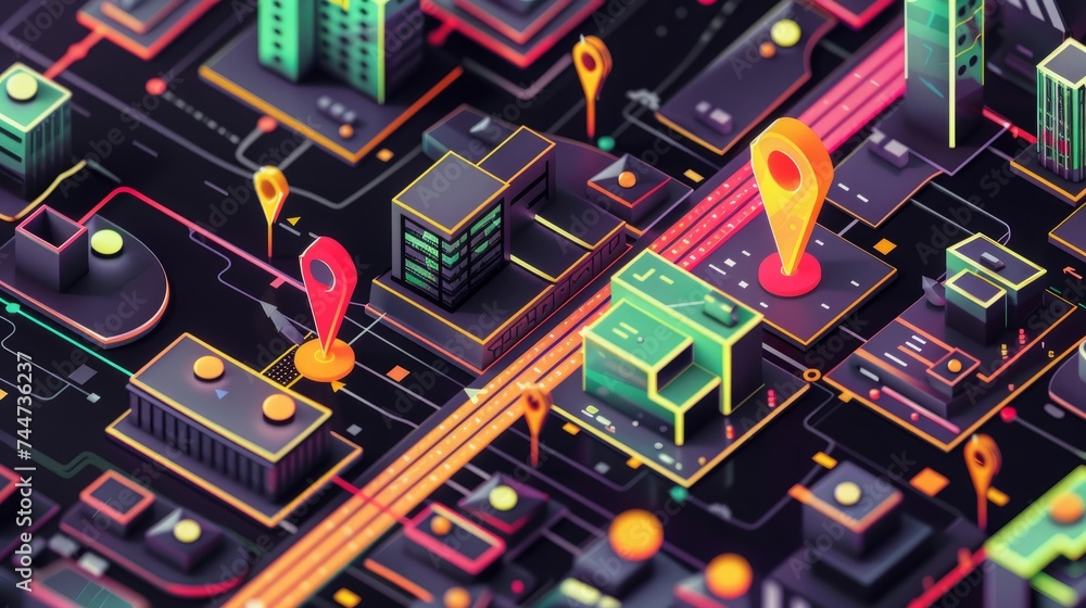 Discover the world: isometric city map with gps pins on black ...