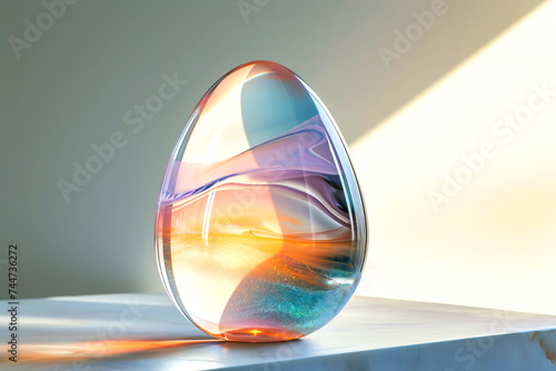 Minimalistic Easter background with glass holographic egg © Kseniya
