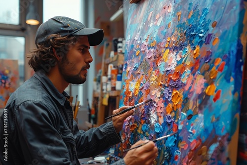 Colorful Studio Moments: Artist in Bright Workspace, Painting with a Vibrant Palette, Side View of Canvas Filled with Color, Embodying Inspiration and Creativity © Thanate