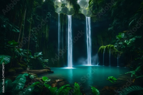 In the heart of a dense jungle, a powerful waterfall crashes down into a crystal clear pool below © Rao