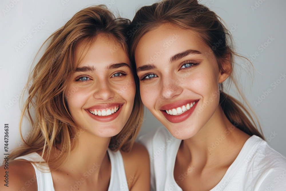 Caucasian women wearing white t-shirt smile having a good time together Caucasian women wearing white t-shirt smile having a good time together
